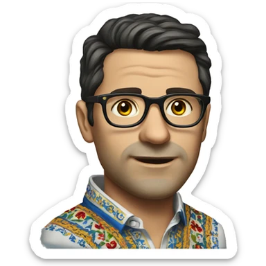 European dark-haired man in a Ukrainian embroidered shirt, glasses sticker