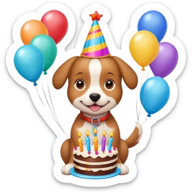 cute dog named Saffie wearing a birthday hat, surrounded by balloons and a cake, cheerful birthday celebration sticker