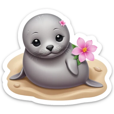 A small, slim baby seal resting gracefully on a sandy beach, with a delicate pink flower placed on its head.  Grey color sticker