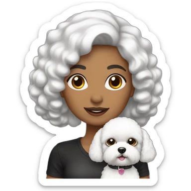 mujer piel blanca cabello negro con peinado chongo y perro bichon maltés blanco sticker