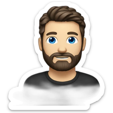 White man with a sun kissed tan and blue eyes. His hair is dark brown, styled sideways backwards. He has a beard and mustache trimmed. Wears s black t-shirt. sticker
