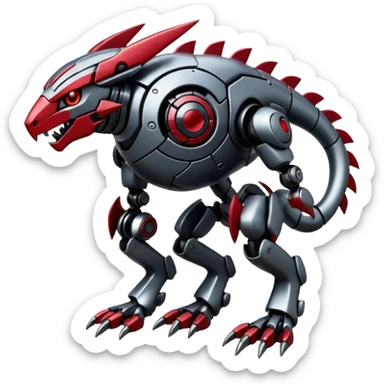 Futuristic mechanical cyborg modern badass cool shiny metallic alloy silver-grey obsidian-black crimson-red white animal Digimon Fakémon hybrid full body with intricate patterns sticker