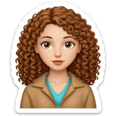 White girl with brown long 3A curly hair, brown almond shape eyes, refined wide nose, natural lips. Cute clothnig sticker