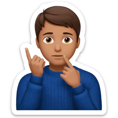 man in black knitted sweater in thinking pose, blue eyes brown hair, index finger touching his chin, eyes looking up to the top right sticker