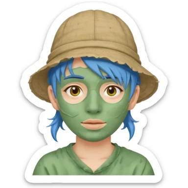 messy green full face clay mask and tourist hat blue hir sticker