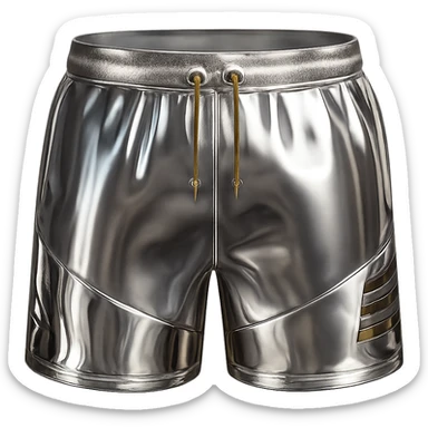 Make the shorts chrome 3D style with gold and white accents, highly reflective and metallic, no background. sticker