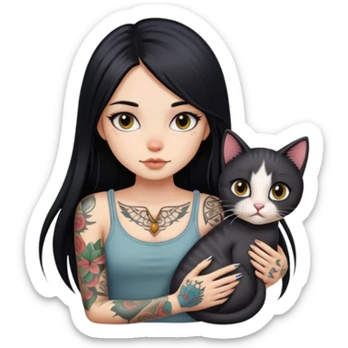 girl with long black  straight hair and tattoos and  a cute cat sticker