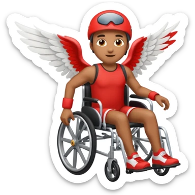 "Emoji representing mobility, speed, and overcoming obstacles, featuring a person in a red wheelchair with wings" sticker