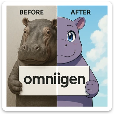 two hippo holding sign of omnigen, half picture 1 hippo is realistic another half is the anime of that same second hippo, with before after mark sticker