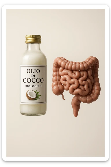 BOCCETTA DI OLIO DI COCCO BIOLOGICO (FAI UN ETICHETTA SUL PRODOTTO IN ITALIANO) CHE FLUTTUA IN ARIA INSIEME A UN INTESTINO UMANO ANATOMICO IN PERFETTA SALUTE, SFONDO CHIARO, iperrealistico 4k sticker