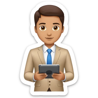 business executive confidently, holding a digital tablet or folder. The character wears smart business attire sticker