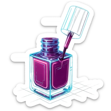 Make this nail polish bottle with brush look a little AI animated, with digital animation effects, glowing lines, and a futuristic touch, keeping the background transparent. sticker