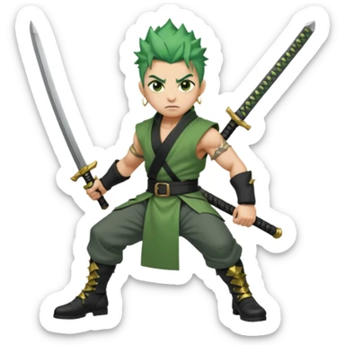 Muscular scarred warrior, short spiky moss-green hair, sharp steel-grey eyes, strong jaw, serious stare. Black trousers, boots, green sash with three katanas, open white coat, three gold earrings. Cinematic, ultra-realistic. sticker