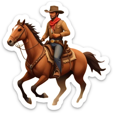 An icon representing an adventure game, inspired by Red Dead Redemption II. The design features a rugged cowboy riding a galloping horse across an open prairie, with towering mesas, cacti, and a golden sunset in the background. The atmosphere conveys freedom, action, and the thrill of the untamed frontier. Transparent background. sticker