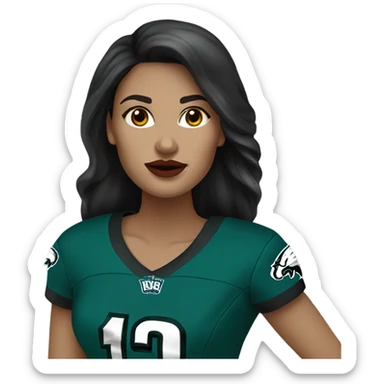 White female long dark hair red lips wearing Philadelphia Eagles jersey sticker
