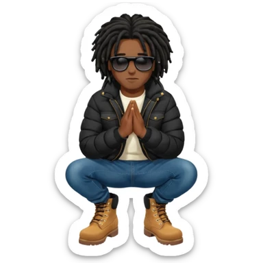 African American man brown skin complexion with black dreadlocks shoulder length wearing black bubble winter coat wearing black sunglasses with denim skinny jeans and timberland boots kneeling on one knee in prayer sticker