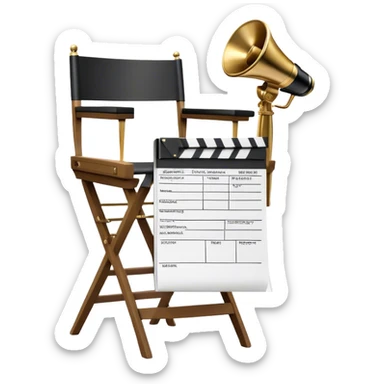 Icon for Directing: a director's chair, a film slate, a megaphone, a stack of script papers and an Oscar statuette. The icon should represent the creative and leadership aspects of directing, with focus on film and theater production. Transparent background. sticker
