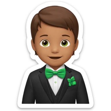 baby cute boy 5 years old, brown hair in suit, with green bow, smile sticker