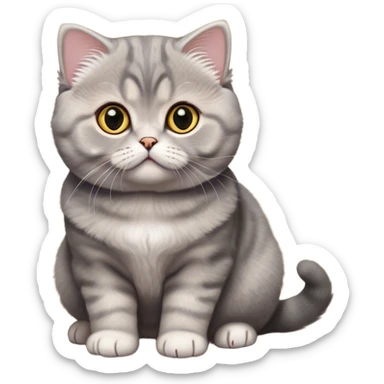Cinematic Adorable Fluffy Grey Munchkin Scottish Fold Cat Portrait Emoji, Tiny, stubby legs and endearing folded ears giving it an irresistibly charming look, head tilted cutely with big, sparkling yellow eyes, soft grey fur with darker points on the ears, face, and paws, Simplified yet irresistibly adorable features, highly detailed, glowing with a soft, warm glow, high shine, affectionate and playful, stylized with a touch of whimsy, bright and endearing, soft glowing outline, capturing the essence of a curious and loving kitten with the unmistakable cuteness of a Munchkin Scottish Fold, so cute it feels like it could leap out of the screen—if only its little legs could reach! sticker