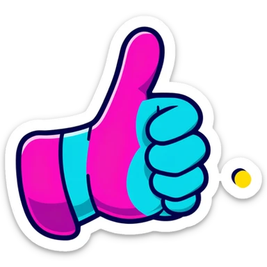Minimalist sticker with white 'tt' letters on a black circle with cyan, magenta, and yellow dots below, thumbs up gesture with street style influence sticker
