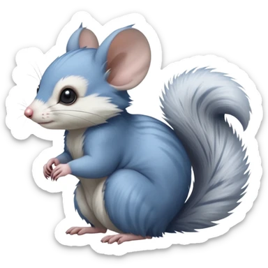 Blue-pointed, grey, soft natural realistic romantic vintage antique divine beautiful elegant pretty precious cute young youthful  Fakémon-Pokémon-alien-opossum-squirrel-feline-chinchilla-rodent-hybrid-creature with a big fluffy bushy tail (full body) sticker