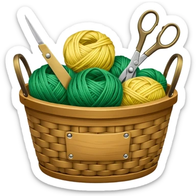 A tidy basket with neatly arranged green and yellow skeins and scissors. sticker