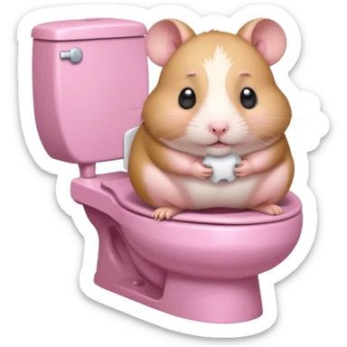 Cute chubby cartoon-style hamster sitting on toilet pooping looking as if he had an accident sticker