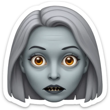 woman with gray skin and a creepy face sticker