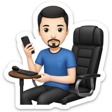 a setup of a youtuber, white skin, thin goatee, black short hair, with a desktop pc on a table, a gaming chair, microphone, no headset phone sticker