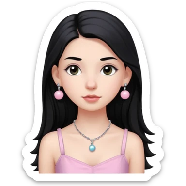 Menina branca ,cabelos longos cor preta , olhos cor preta puxados para cima. Cílios longos, lábios grossos ,nariz pequeno.vestido rosa claro de alça. Colar e brinco bolinha prata pequeno. Jovem de 16 anos  sticker