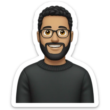 A young white man with black hair sideways backwards, trimmed beard, dark grey glasses and a black sweater sticker