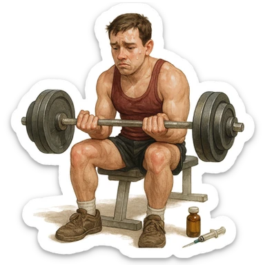 beginner bodybuilder training with weights too heavy, tired and doubtful look, syringe and bottle near feet, realistic details, isolated on white background sticker