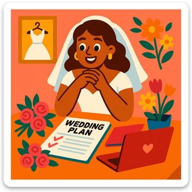 happy bride sitting at a table surrounded by wedding planning materials like a notebook, flowers, and a laptop, looking excited and focused, warm inviting style sticker