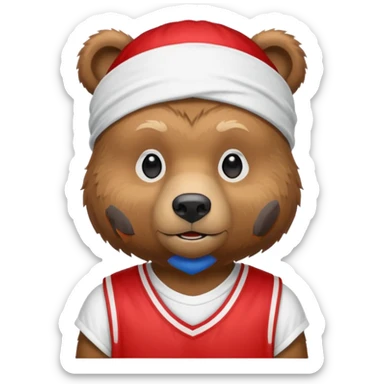 cute Russian grizzly bear wearing a white durag and a red basketball jersey sticker
