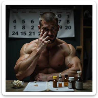 realistic muscular bodybuilder man with concentrated face, supplements and medical vials on table, calendar showing all months of the year behind, very defined physique with visible veins, dark locker room or gym background with intense and dramatic lighting, signs of fatigue sticker