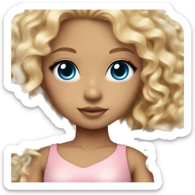 Tan skin, ocean blue doll eyes, blonde curly long hair, feminine, pink dress , girl, angelic sticker