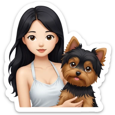 A pretty Asian girl with long, luscious wavy black hair (loose, no hair tie), wearing a white sleeveless halter top. She's holding a Yorkshire Terrier.  sticker