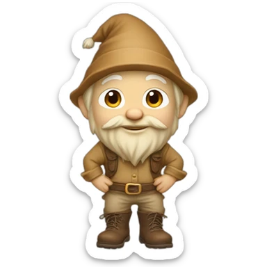 side angle of gnome with light tan pants and light tan boots squatting on top of small brown log sticker