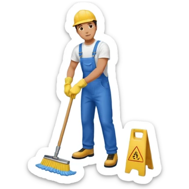 Custodian with yellow rubber gloves, white T-shirt, blue overalls, mopping floor sticker