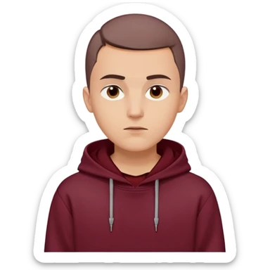 young European male, maroon hoodie with hood up, short brown buzzcut, smooth skin, oval face, defined jaw, high cheekbones, sharp eyes, straight eyebrows, neutral calm expression sticker