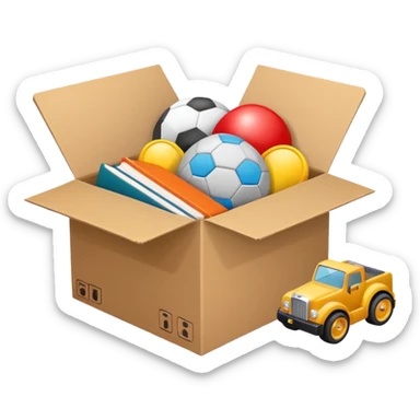 cardboard box with toys, rc, books, CD, realistic sticker