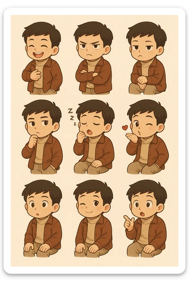 Convert the image into a set of chibi stickers (4x4 grid) outfit similar to this one including expressions of laughing being angry, crying, sulking, thinking, being sleepy, blowing kiss,winking, being suprised sticker