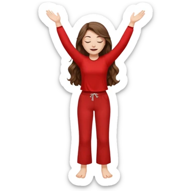 crie uma menina branca com cabelos castanhos longos ondulados, uma roupa de calça e blusa de manga curta na cor vermelho, com braços juntos para cima, olhos fechados e perna levantada sticker