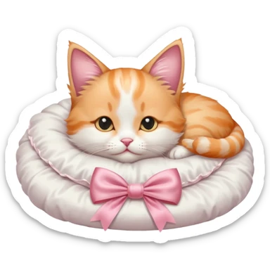 light orange and white kitten with a satin pink bow sleeping on a satin white cat  ed sticker