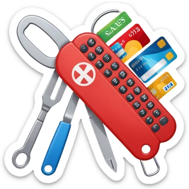 emoji of a swiss army knife with unfolded tools shaped as calculator, credit card, headset, and sales graph, symbolizing job functions related to calling customers for e-conomic, colorful and modern sticker