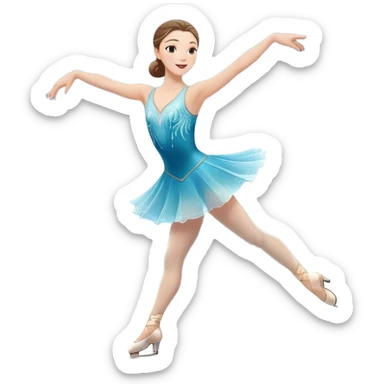 An icon showing a graceful figure skater mid-spin on a sparkling ice rink, arms extended in an elegant pose. The background features soft lights, festive decorations, and an audience in a cozy arena. Transparent background highlights beauty and artistry of figure skating sticker