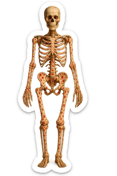 donna realistica a figura intera con red spot sparsi alle ossa, ossa del corpo visibili sul corpo, non sul volto iperrealistico 4k sticker