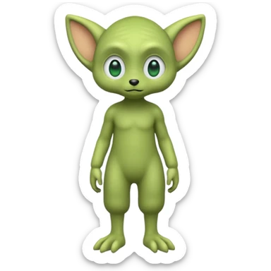 full body ...cute peacefull alien furry with 2 legs ....stands upright and looks intelligent ...wears clothing. not green..looks happy and cuddly... doesnt have eyes on face, there is a appendage coming from top of head with a single large eye sticker