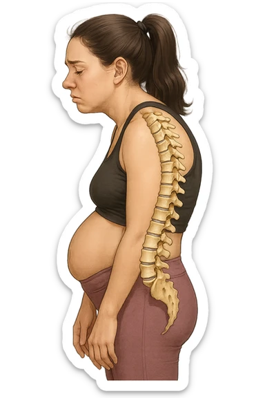 DONNA GIOVANE FITNESS DI PROFILO CON LA POSTURA SBAGLIATA, SPINA DORSALE UMANA ANATOMICA REALISTICA IN EVIDENZA, LA PANCIA IN FUORI E LE SPALLE CHIUSE sticker