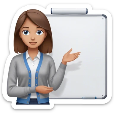 a young woman brown hair and blue eyes, with a in a cute gray cardigan and presenting on a white board sticker